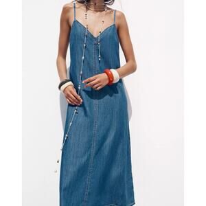 Zara Denim Maxi Dress Spaghetti Strap Large A-line Party Boho